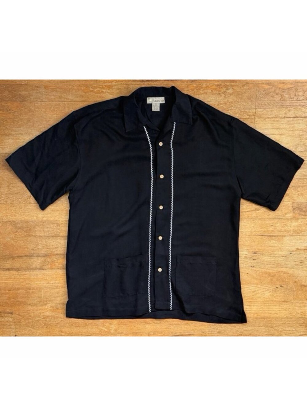 Vintage Mens Bowling Shirt Size Medium Black Rayon Blend Rockabilly Cabana Sun